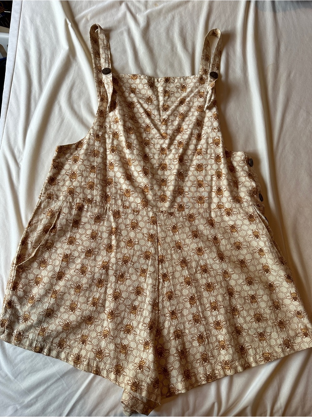 Women's Beige Bee Print Short Overalls